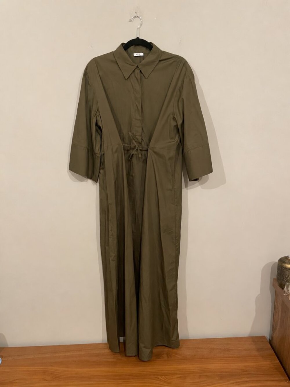 Riva Olive Green Maxi Shirt Dress Large Drawstring Waist 3/4 Sleeve 100% Cotton